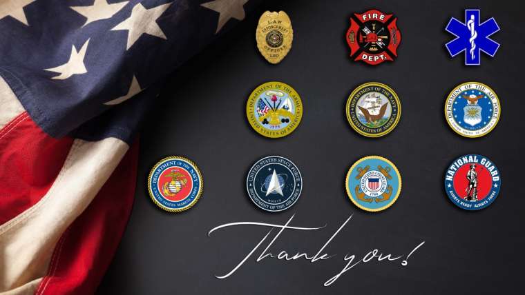 Thank You with all US Military Logos, National Guard, Police, Firefighters and EMTs