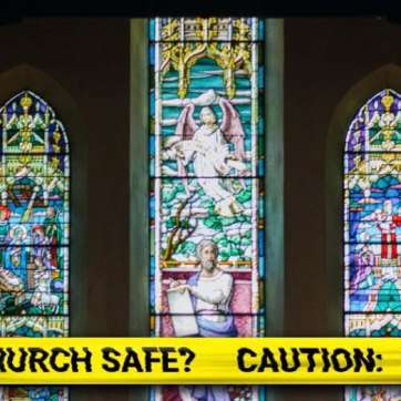 Stained glass windows of church with a yello caution tape reading "Caution: Is your church safe?"