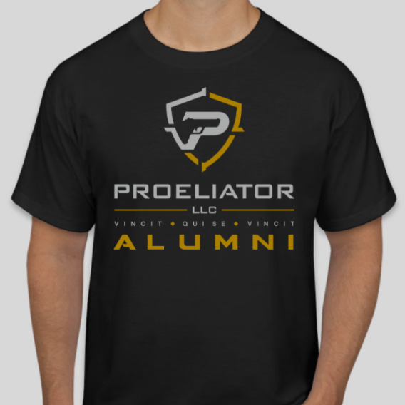 Proeliator Alumni T-Shirt - Black - Front with Proeliator Alumni Silver & Gold Logo