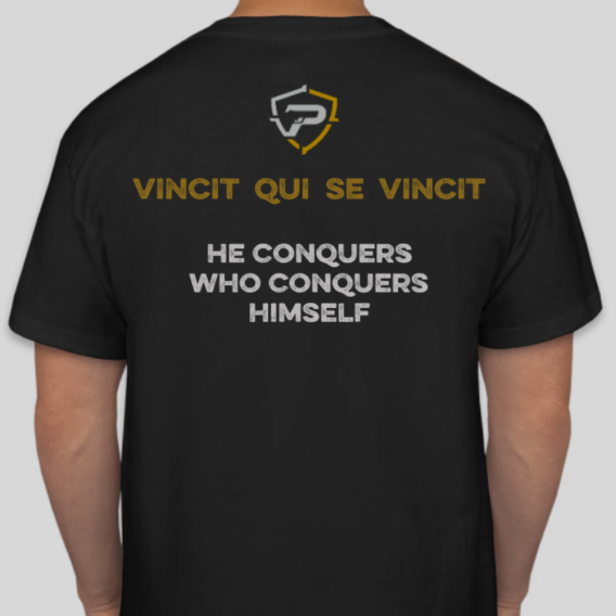 Proeliator Alumni T-Shirt - Black - Back with small Proeliator Logo and the motto - He Conquers Who Conquers Himself